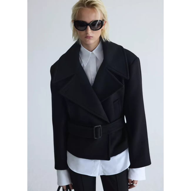 Manteau laine ceinture noir <span itemprop=