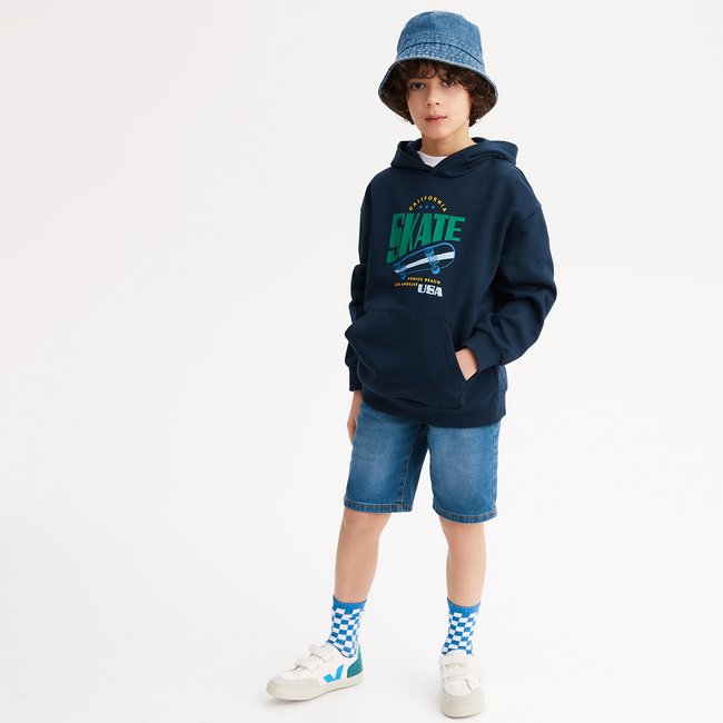 Sweat à capuche oversize, motif skate, molleton bleu marine <span itemprop=