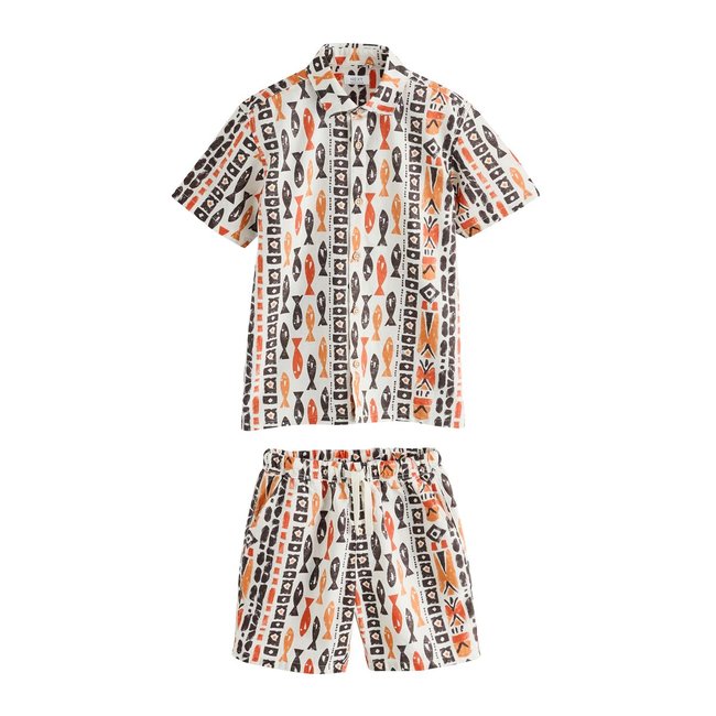Chemise et short à imprimé intégral imprimé intégral écru à poissons <span itemprop=
