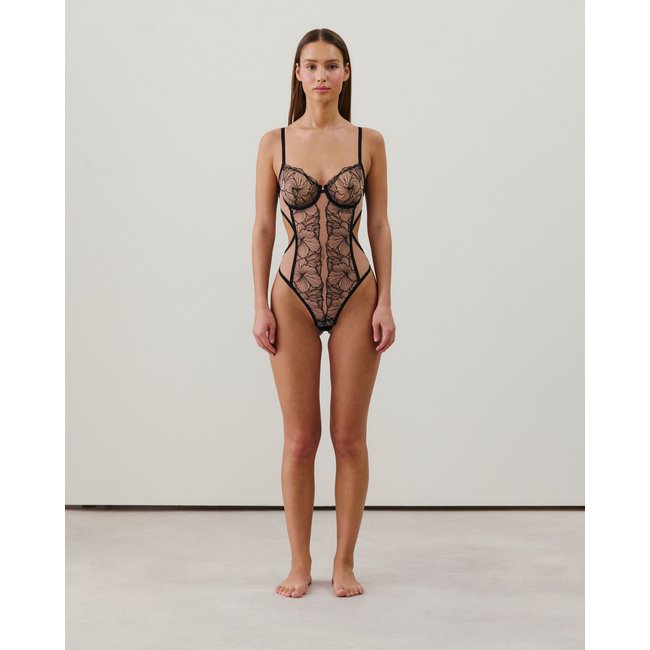 Body corbeille en mesh avec broderies LINDAIZ NUDIZ noir <span itemprop=