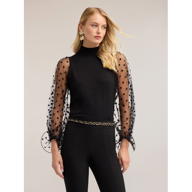 Col roulé avec manches en tulle noir <span itemprop=