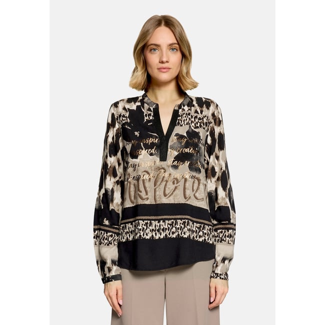 Chemisier long à col droit beige/noir <span itemprop=