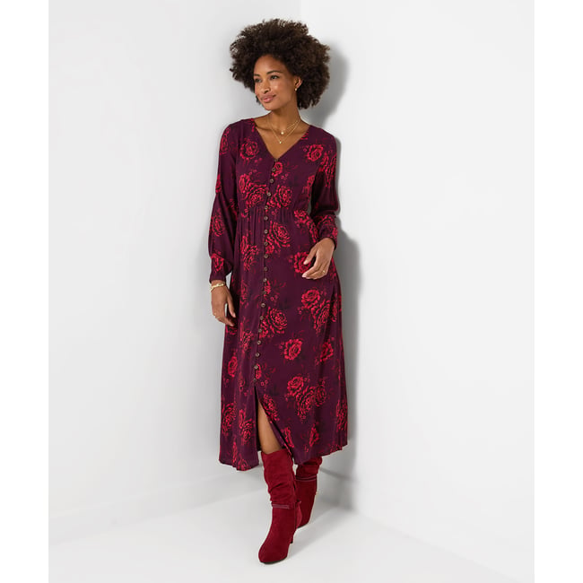 Robe Longue Boutonnée Roses Éclatantes rouge <span itemprop=