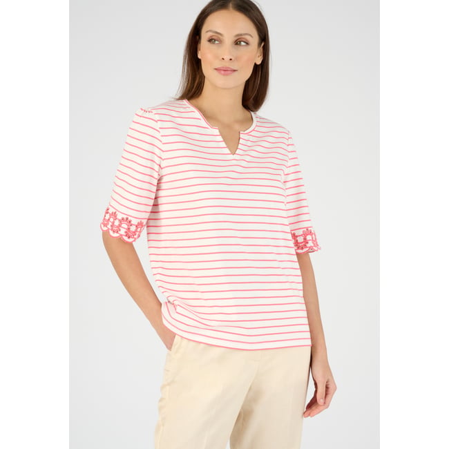 T-shirt imprimé détails brodés rose rouge rayé <span itemprop=