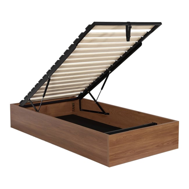 Lit coffre sommier à lattes 90x190cm décor bois  LIFT Couleur noyer <span itemprop=