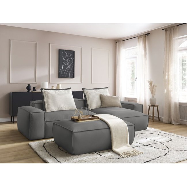 Canapé d'angle fixe 4 places en cuir végan avec pouf, BOHEME - BOBOCHIC