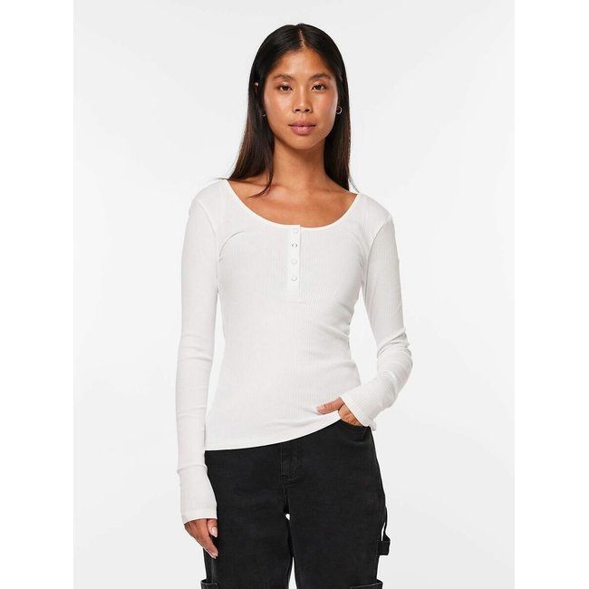 Ribbed Organic Cotton T-Shirt with Long Sleeves, white, PIECES