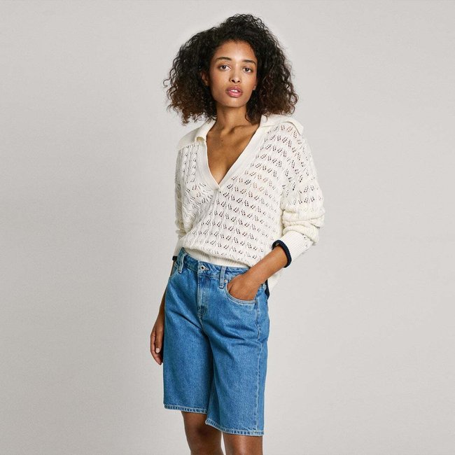 Pull À Col Polo En Maille Ajourée blanche mousse <span itemprop=