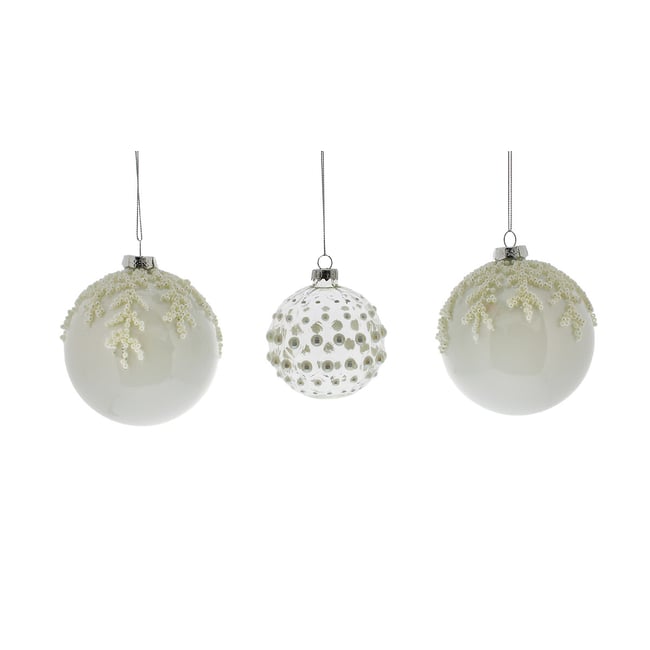 Set of 3 Glass Beaded Baubles, white, SO'HOME