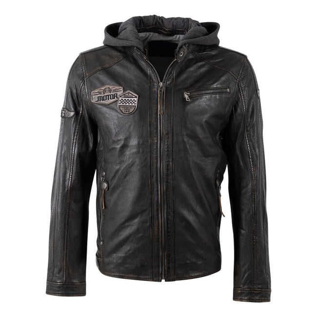 Blouson en cuir de mouton noire uni avec une coupe ajustée et un col à capuche noir <span itemprop=