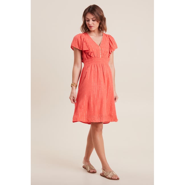 Robe droite fluide smockée orange clair <span itemprop=