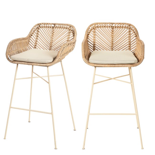 Lot de 2 tabourets de bar en rotin pieds beiges H68cm- NUNUHAI Couleur naturel <span itemprop=