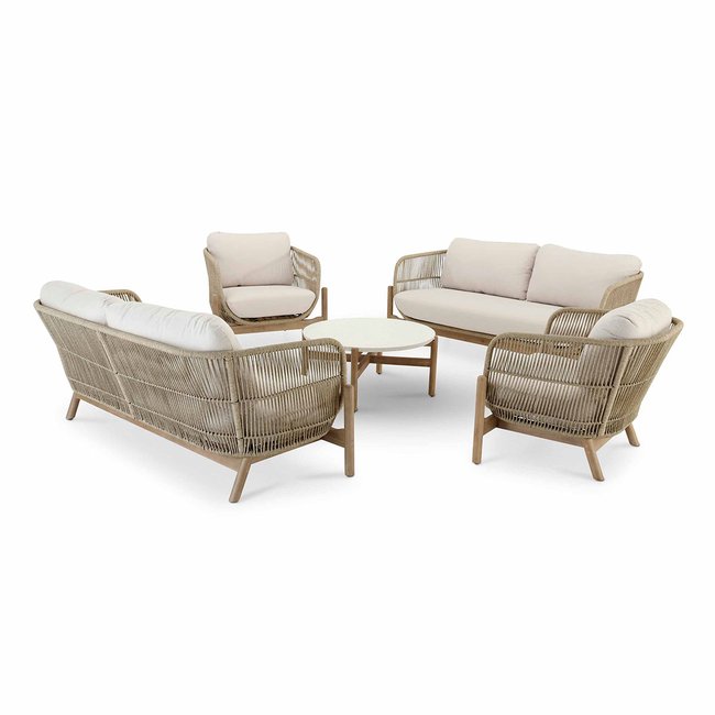 Salon de jardin 7 places, bois, PROVENZA structure bois clair, corde beige, coussin écru <span itemprop=