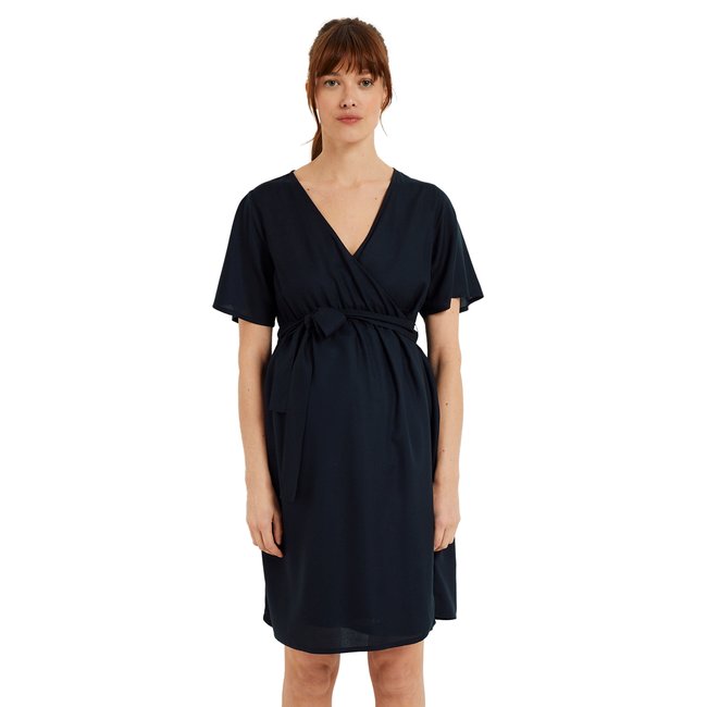 Robe courte fluide portefeuille unie grossesse et allaitement noir <span itemprop=