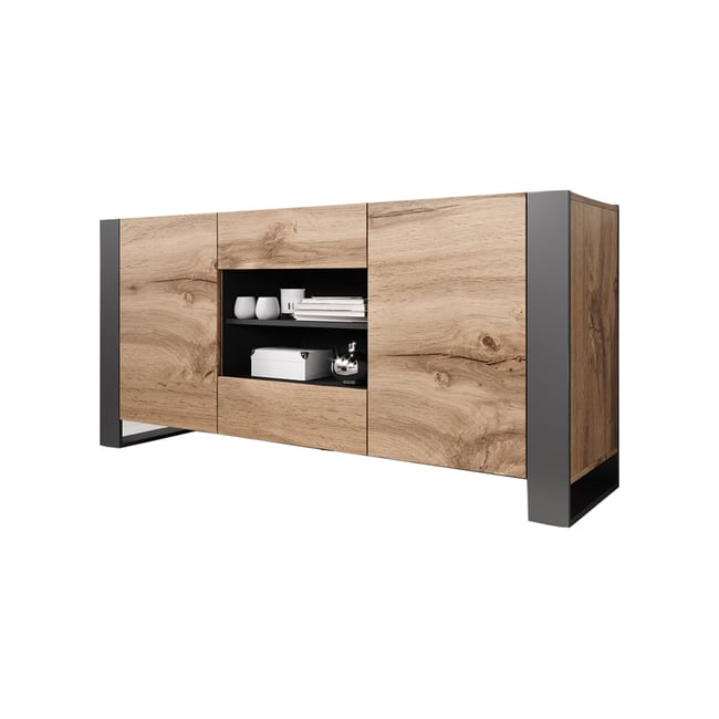 Buffet bas 2 portes, 2 tiroirs et 2 niches, WILLOW Couleur bois / gris <span itemprop=