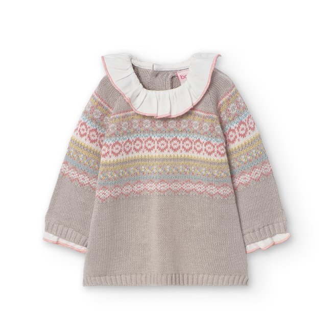 Robe en maille avec imprimé et col fantaisie marron <span itemprop=