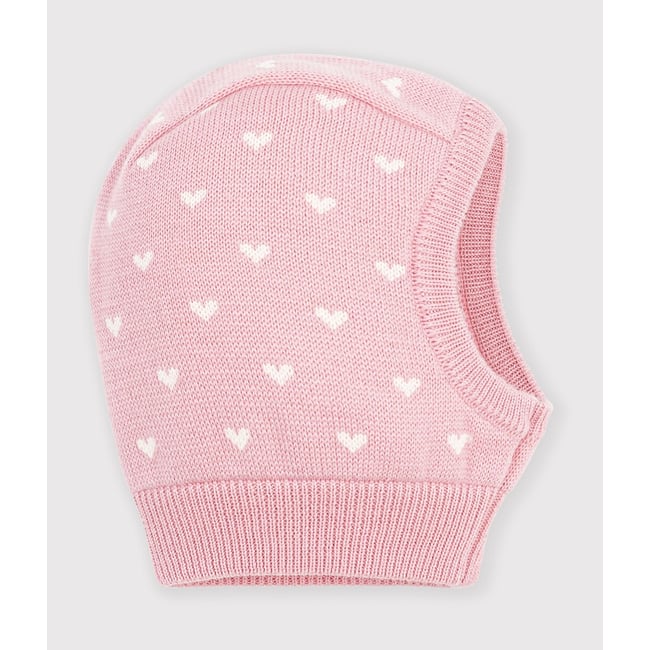 Cagoule bébé, imprimé coeurs, 55% laine, 45% coton rose <span itemprop=