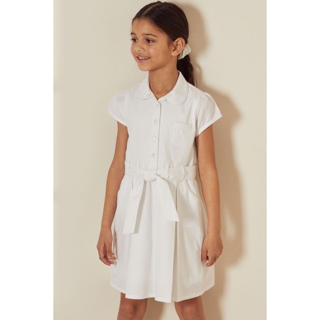 Robe d'école avec ceinture et chouchou vichy blanc <span itemprop=