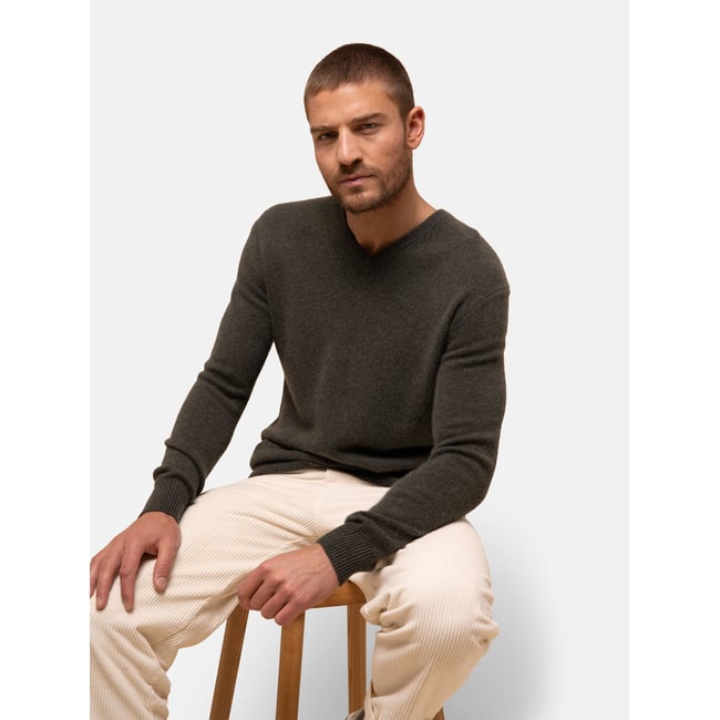 Pull Col V 4 Fils Kaki Chiné Nathan kaki chiné <span itemprop=