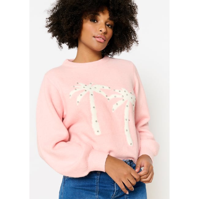 Pull avec palmiers rose bubblegum <span itemprop=