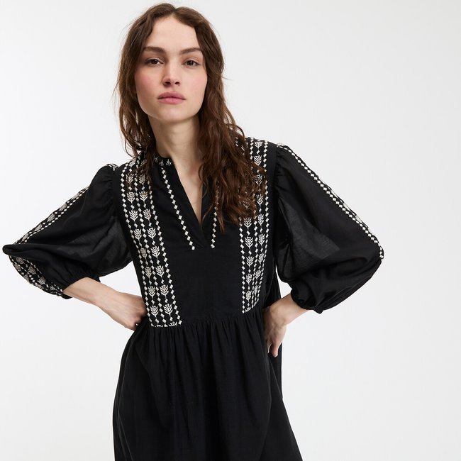Flared Maxi Dress with 3/4 Length Sleeves, black, LA REDOUTE COLLECTIONS