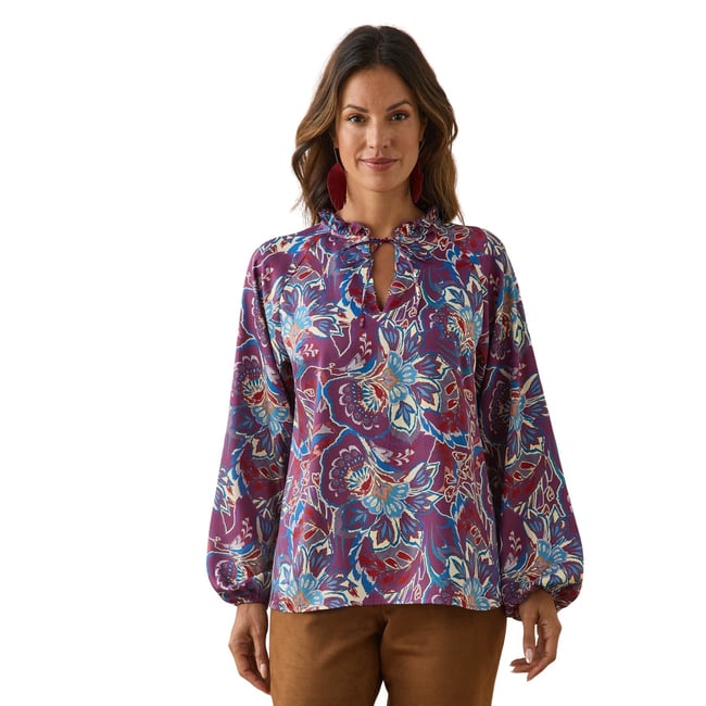 Blouse col volanté imprimé bleu <span itemprop=