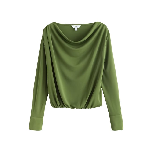 Haut drapé à manches longues et ourlet boule vert <span itemprop=