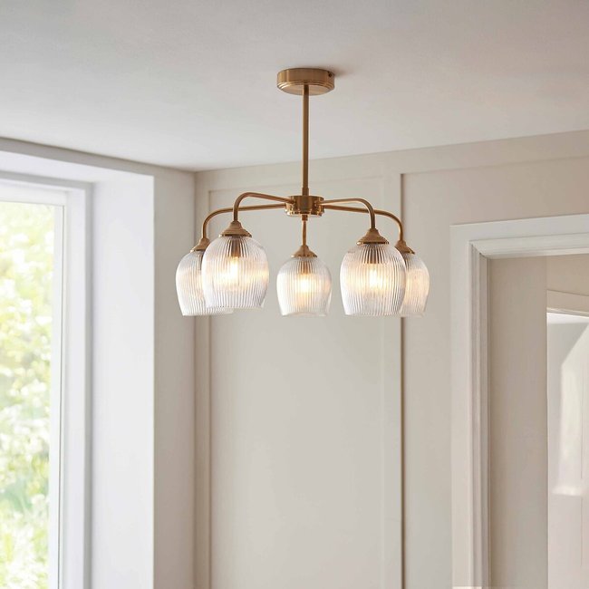Ashbee 5-Light Drop Ribbed Glass Pendant Light, brass, ÉDITÉ