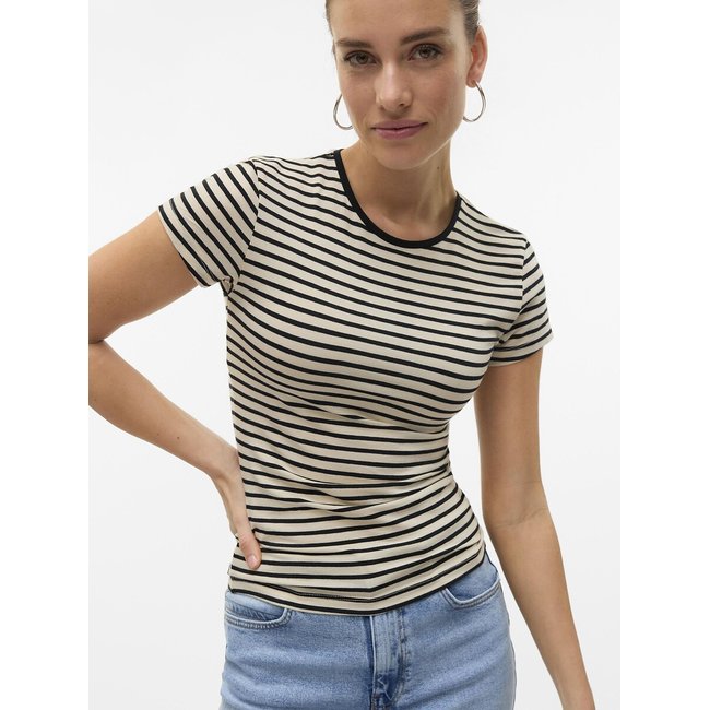 T-shirt rayé col rond ecru/noir <span itemprop=