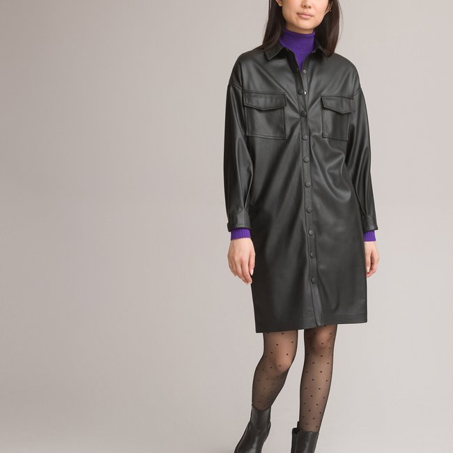 Robe-chemise manches longues en simili noir <span itemprop=