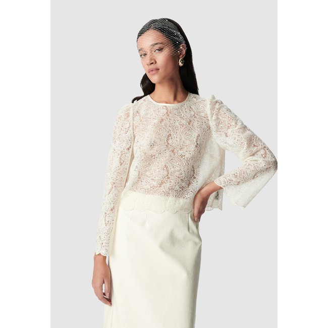 Blouse courte en dentelle ecru <span itemprop=