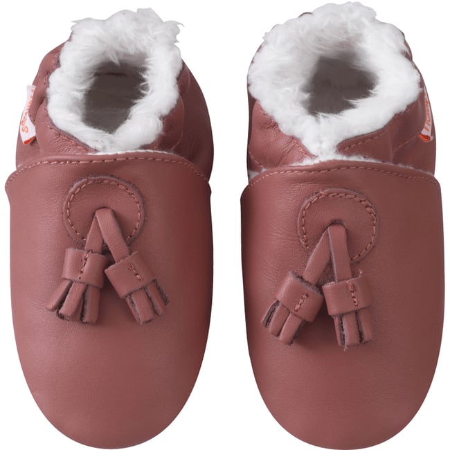 Chaussons cuir souple fourrés à pampilles marron <span itemprop=