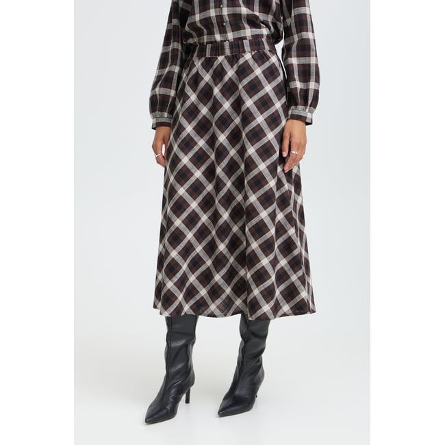 Jupe midi, silhouette évasée, ceinture élastiquée marron java check <span itemprop=