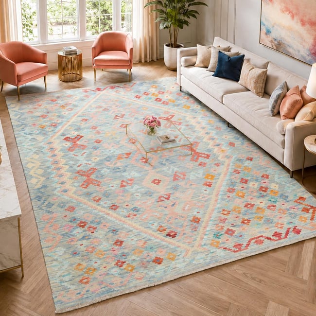 Tapis kilim, motif ethnique authentique, tissé plat KILIM 59 Couleur bleu, orange, rouge <span itemprop=