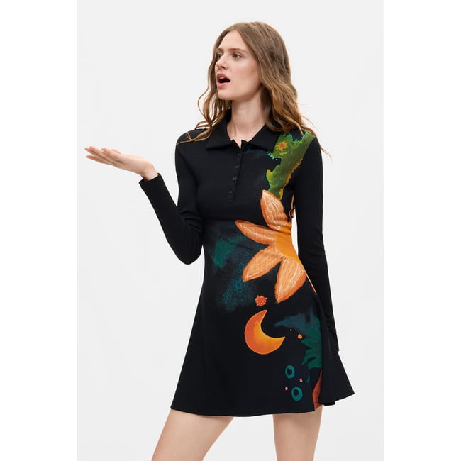 Robe fleurie à manches longues noir <span itemprop=