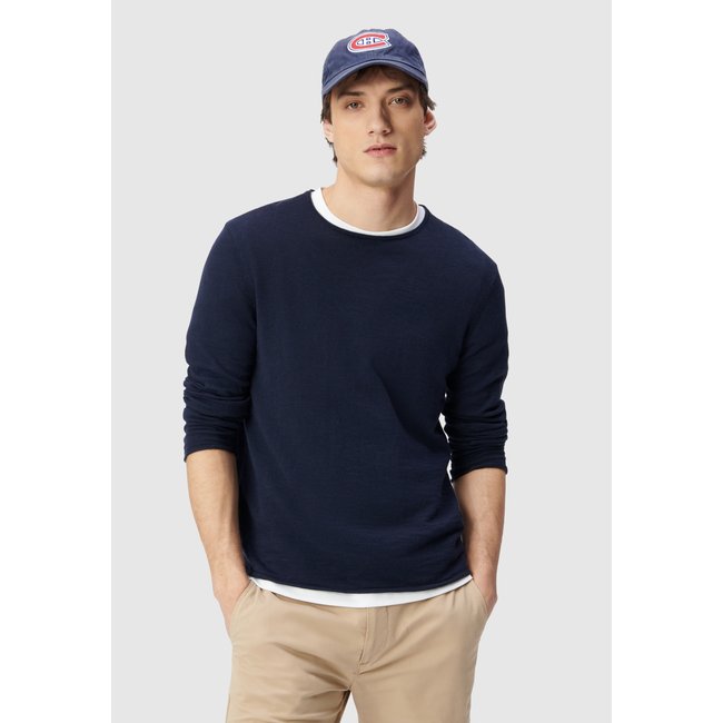 Pull tricot fin bords roulottés bleu marine <span itemprop=
