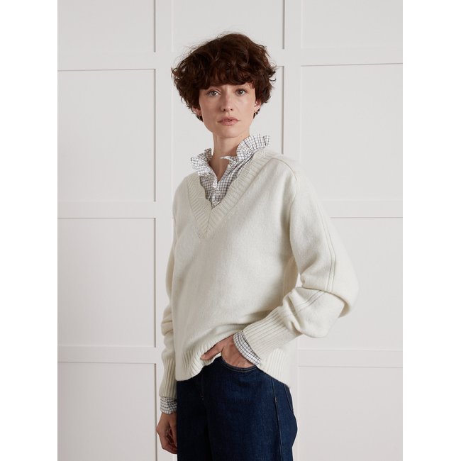 Pull col V laine mérinos RWS* blanc <span itemprop=