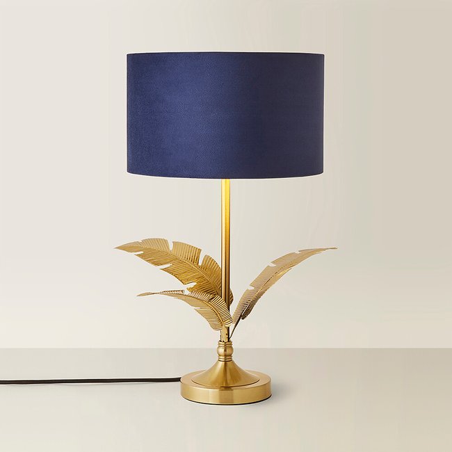 Gold Palm Leaf Table Lamp with Velvet Drum Shade, blue, SO'HOME