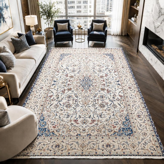 Tapis d'orient, motif oriental noué main en laine et soie Couleur crème, bleu, rouge <span itemprop=