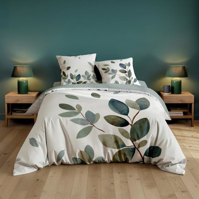Housse de couette 2 personnes 100% coton + 2 taies d’oreiller vert <span itemprop=