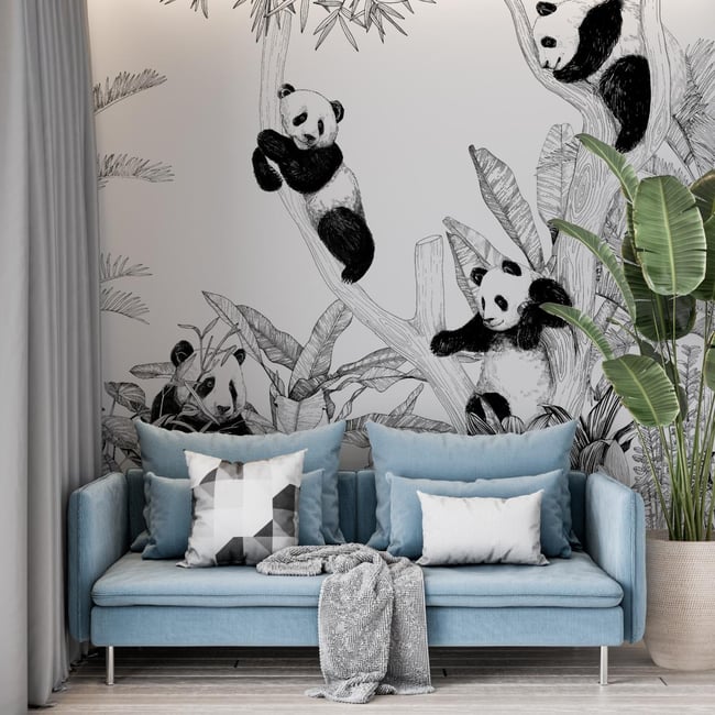 Papier peint panoramique avec des pandas pour la chambre d'enfant - 255x260 cm (l x h) Couleur noir <span itemprop=