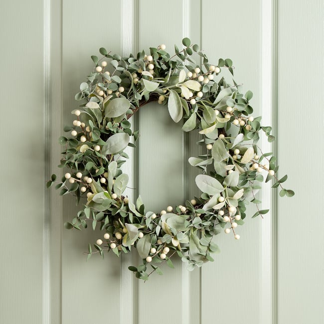 56cm Eucalyptus, Lambs Ear & Berry Wreath, green, SO'HOME