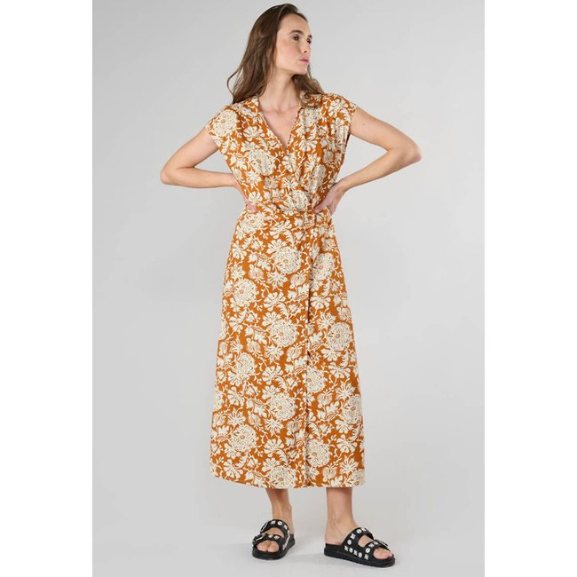 Vestido comprido estampado, decote em V laranja/branco <span itemprop=