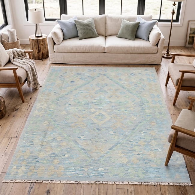 Tapis d'orient géométrique, tissé plat en laine, KILIM 13 Couleur bleu, beige, vert <span itemprop=