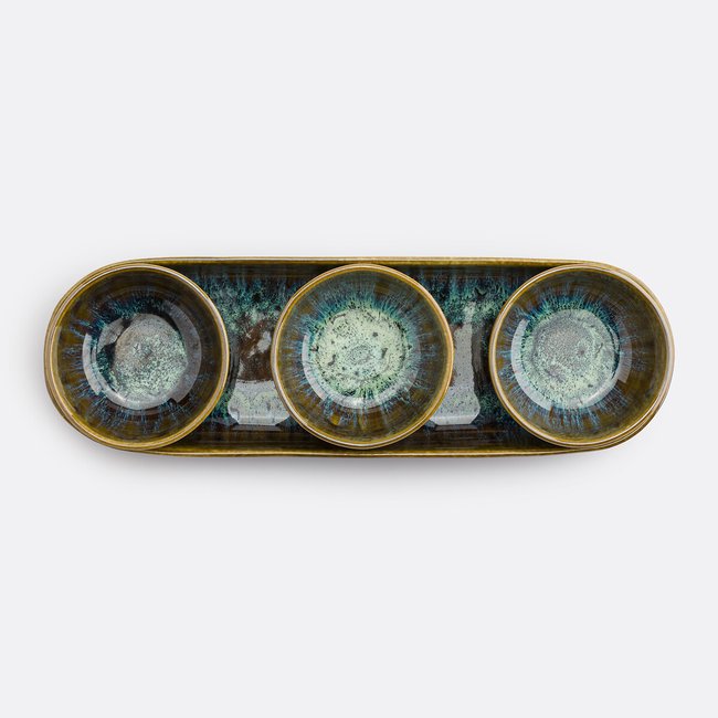 Set Nario aus 3 Schalen mit Tablett aus Steingut mit reaktiver Glasur bronzefarben <span itemprop=