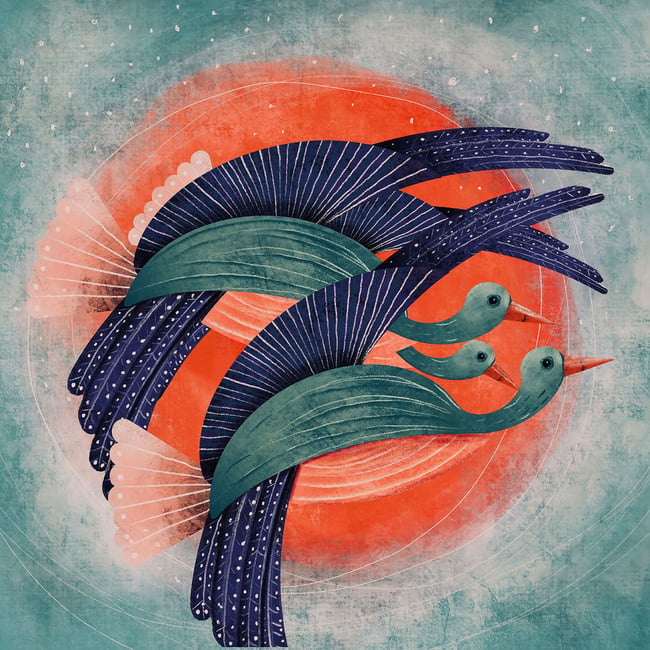 Tableau Affiche illustration oiseau lyre et soleil rouge - HEXOA