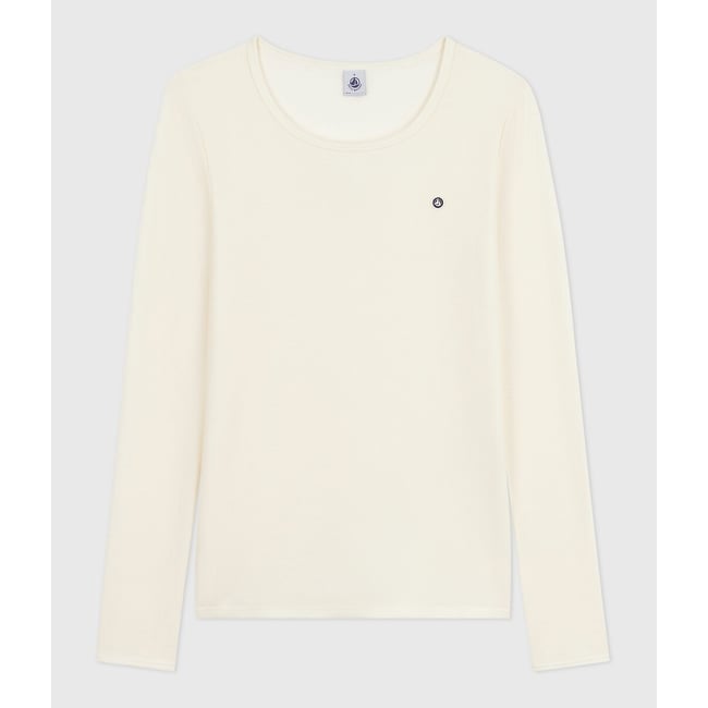 T-shirt en laine et coton manches longues ecru <span itemprop=