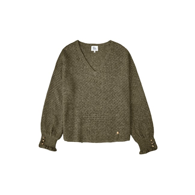Maglione con scollo a V e polsini con volant, MANDINE verde kaki LA PETITE ETOILE