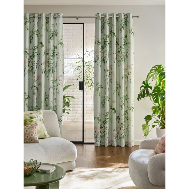 Rideaux doublés à œillets et fleurs vert sauge <span itemprop=