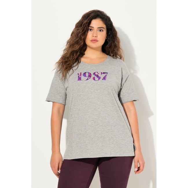 T-shirt oversize, imprimé chiffres. Col rond gris clair chiné <span itemprop=